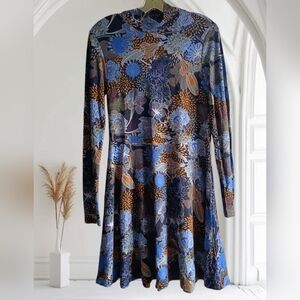 M🌸H&M Blue Fit and Flare Midi Dress Long Sleeves Mock Neck